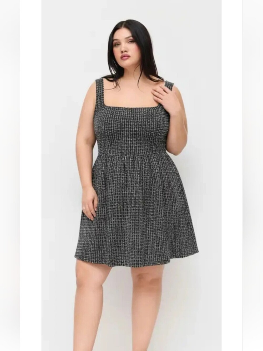 Cider Square-Neck Tweed Mini Dress in Black and White Sixe 3XL New